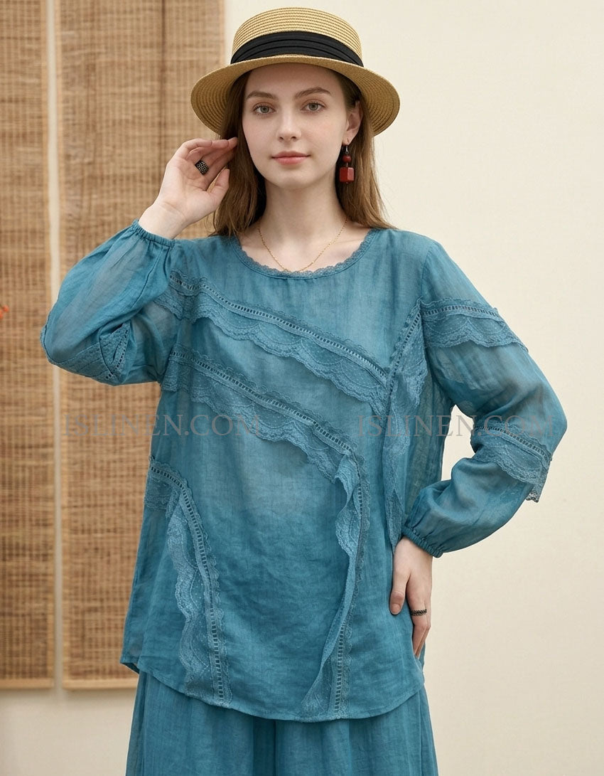 Boho Blue Linen Loose Fit Ruffle Blouse for Women