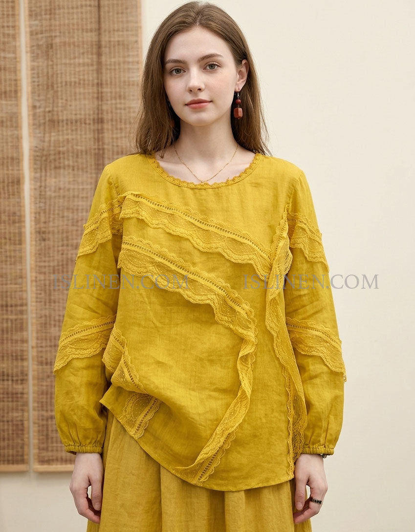 Women Yellow Linen Ruffle Blouse Loose Casual Top