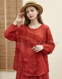Casual Red Linen Ruffle Top Long Sleeve Women