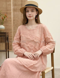 Elegant Pink Linen Ruffle Blouse Relaxed Fit Women