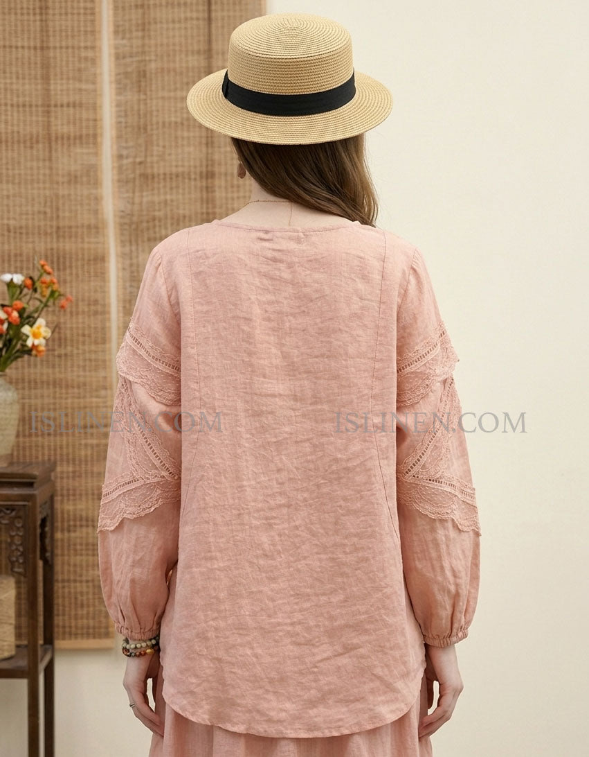 Back View of Minimalist Pink Linen Loose Ruffle Blouse Women Top