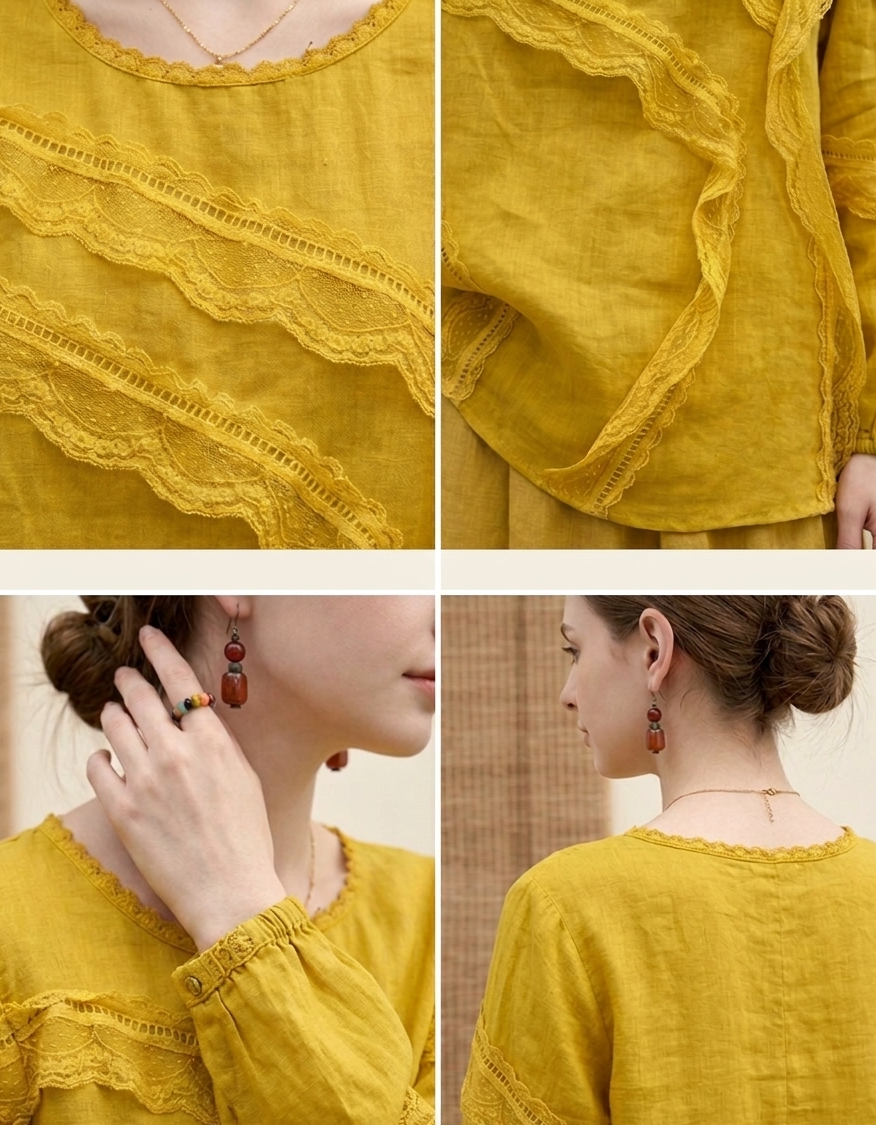 Women Spring Yellow Linen Ruffle Long Sleeve Blouse