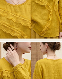 Women Spring Yellow Linen Ruffle Long Sleeve Blouse