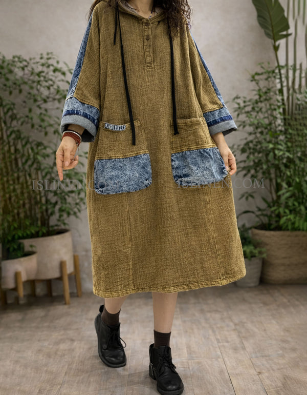 Loose Boho Hooded Midi Dress with Pockets