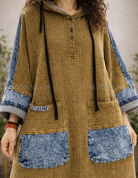 Women Vintage Patchwork Hoodie Dress Loose