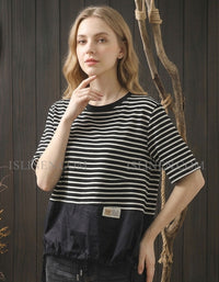 Loose Striped Cotton Patchwork Blouse Drawstring Hem