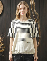 Women Striped Patchwork Drawstring Hem Casual Top