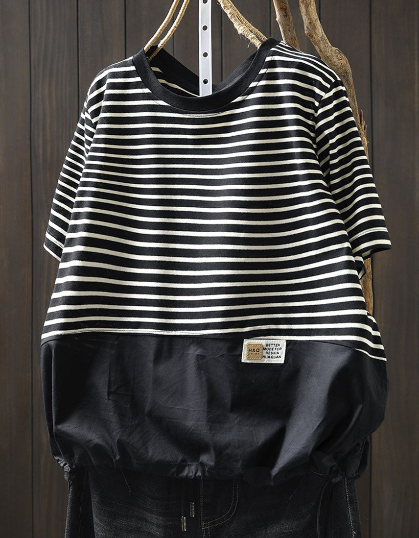 Women Casual Striped Tee Patchwork Oversized Top