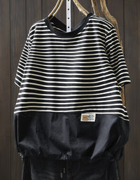 Women Casual Striped Tee Patchwork Oversized Top