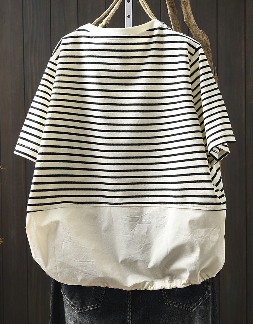 Women striped patchwork drawstring hem casual top front view