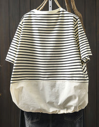 Women striped patchwork drawstring hem casual top front view