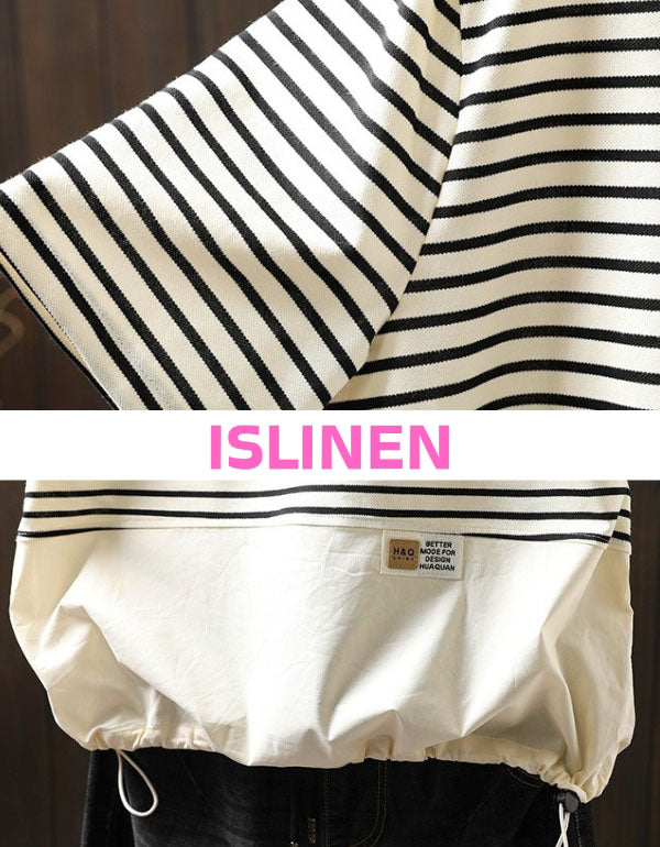 Women casual striped top with drawstring hem close up