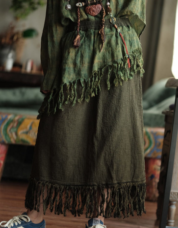 Bohemian Fringe Maxi Skirt for Women – Summer Linen Skirt