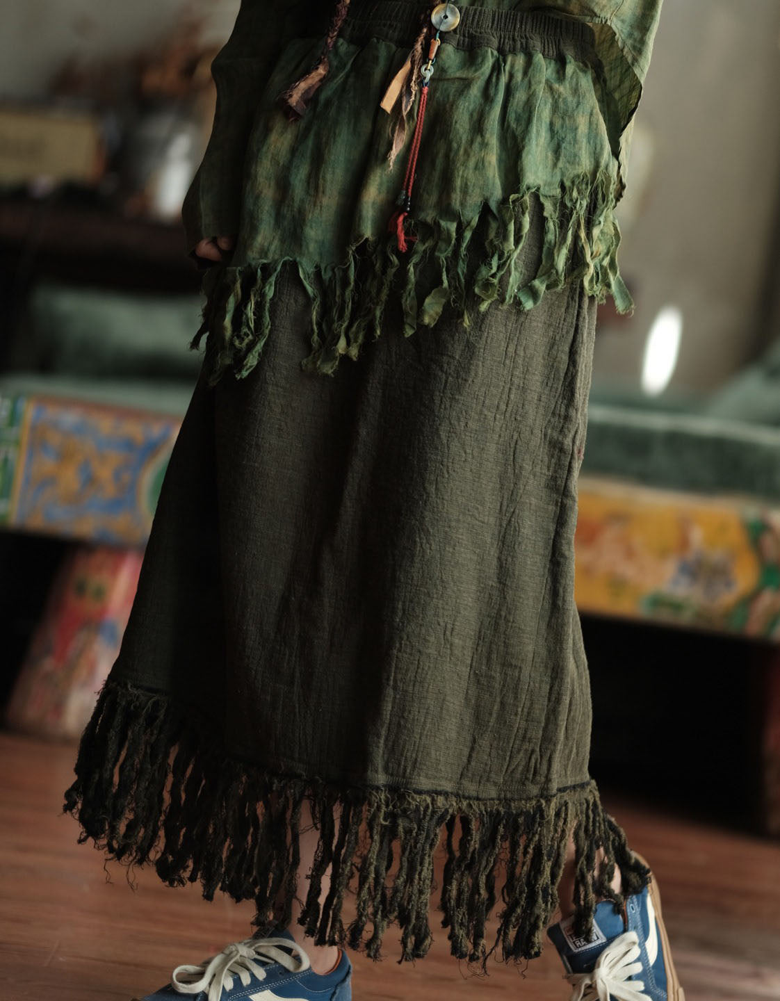 Women’s Fringe Linen Maxi Skirt – Casual Bohemian Outfit