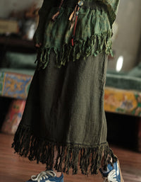 Women’s Fringe Linen Maxi Skirt – Casual Bohemian Outfit