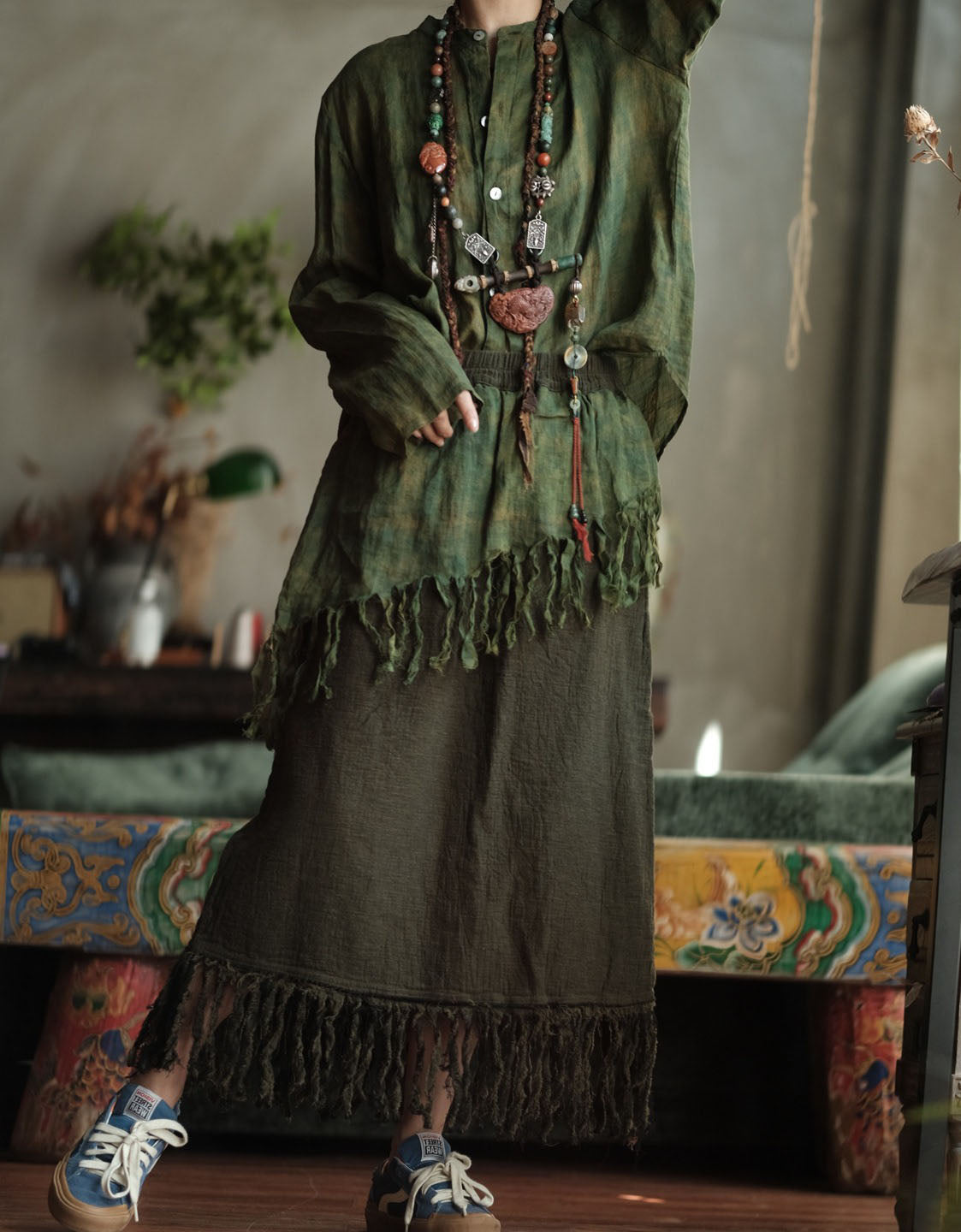 Summer Bohemian Linen Skirt – Fringe Hem Long Women’s Skirt