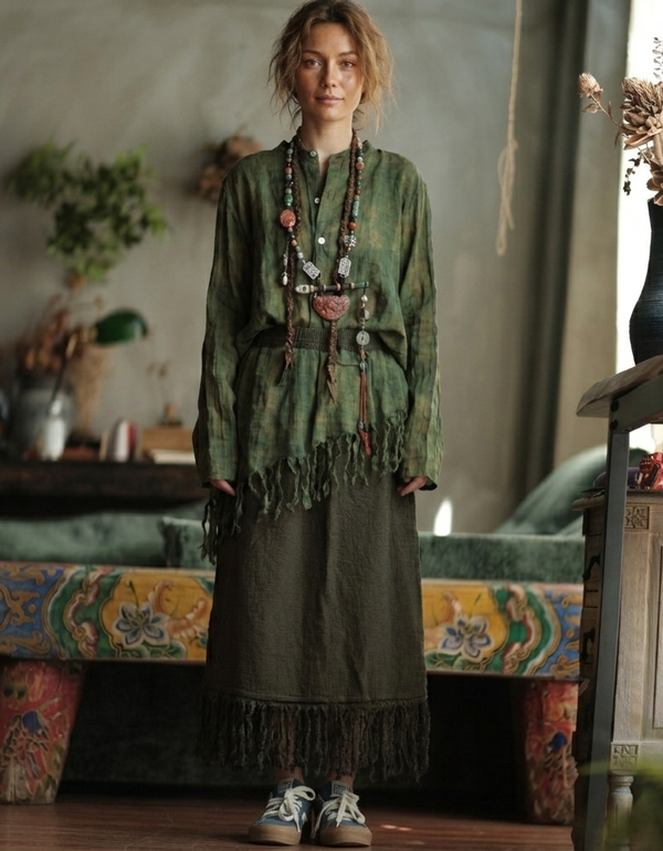 Casual Boho Fringe Skirt – Lightweight Linen Maxi for Women