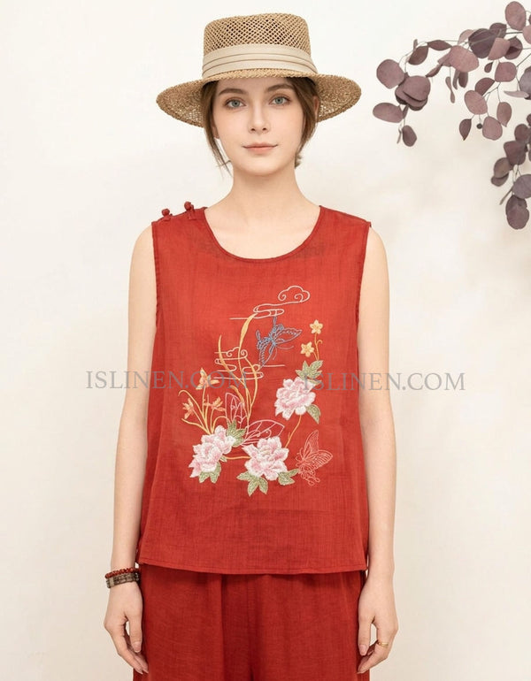 Red Linen Sleeveless Top Women – Floral Embroidered Summer Blouse