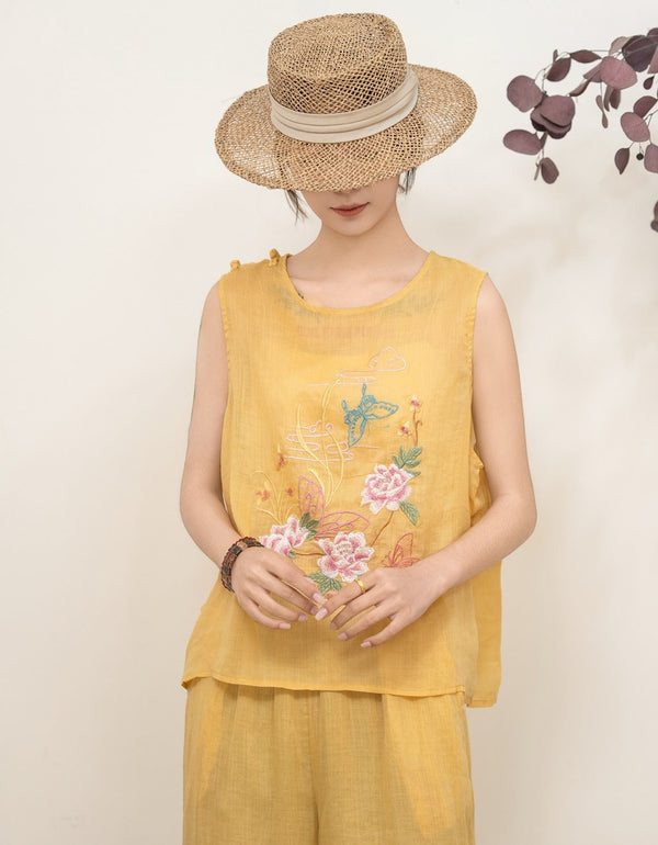 Vintage Floral Embroidery Tank Top – Women’s Yellow Cotton Linen Sleeveless Shirt