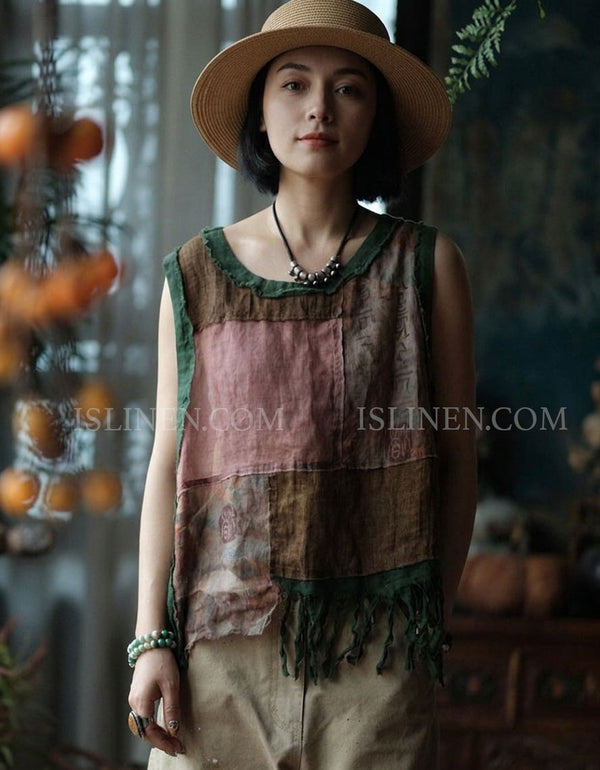 Boho Patchwork Linen Top for Women – Sleeveless Vintage Tassel Blouse
