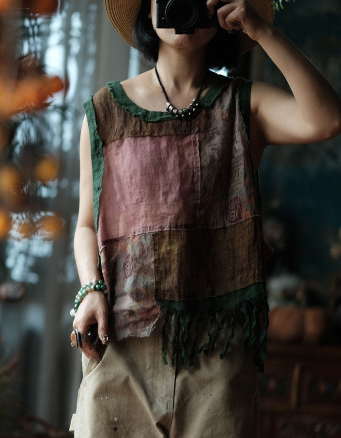 Women’s Artistic Sleeveless Tank – Vintage Inspired Patchwork Shirt