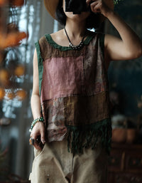 Women’s Artistic Sleeveless Tank – Vintage Inspired Patchwork Shirt