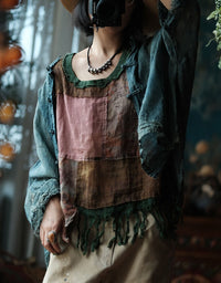 Oversized Linen Blend Tank Top – Boho Fringe Patchwork Style