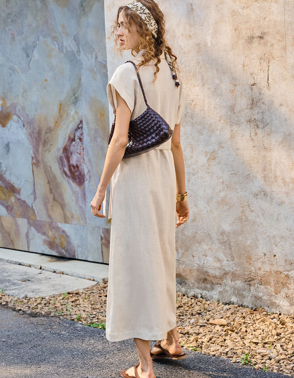 Casual Beige Linen Maxi Dress for Women – Button Front Summer Dress