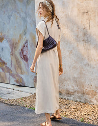 Casual Beige Linen Maxi Dress for Women – Button Front Summer Dress
