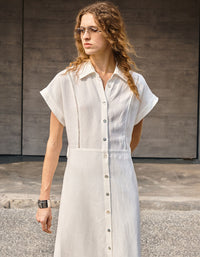 Women Summer Casual Button Down Belted Linen Shirt Dress
