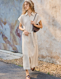 Elegant belted summer maxi dress with relaxed fit and button front
