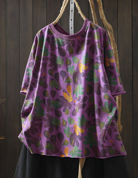 Women Summer Casual Floral Round Neck Cotton T-Shirt