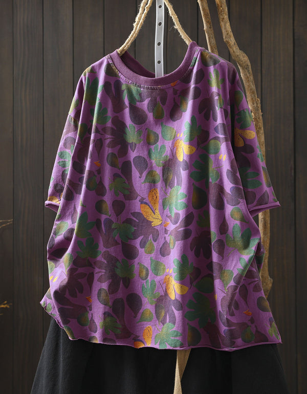 Women Summer Casual Floral Round Neck Cotton T-Shirt
