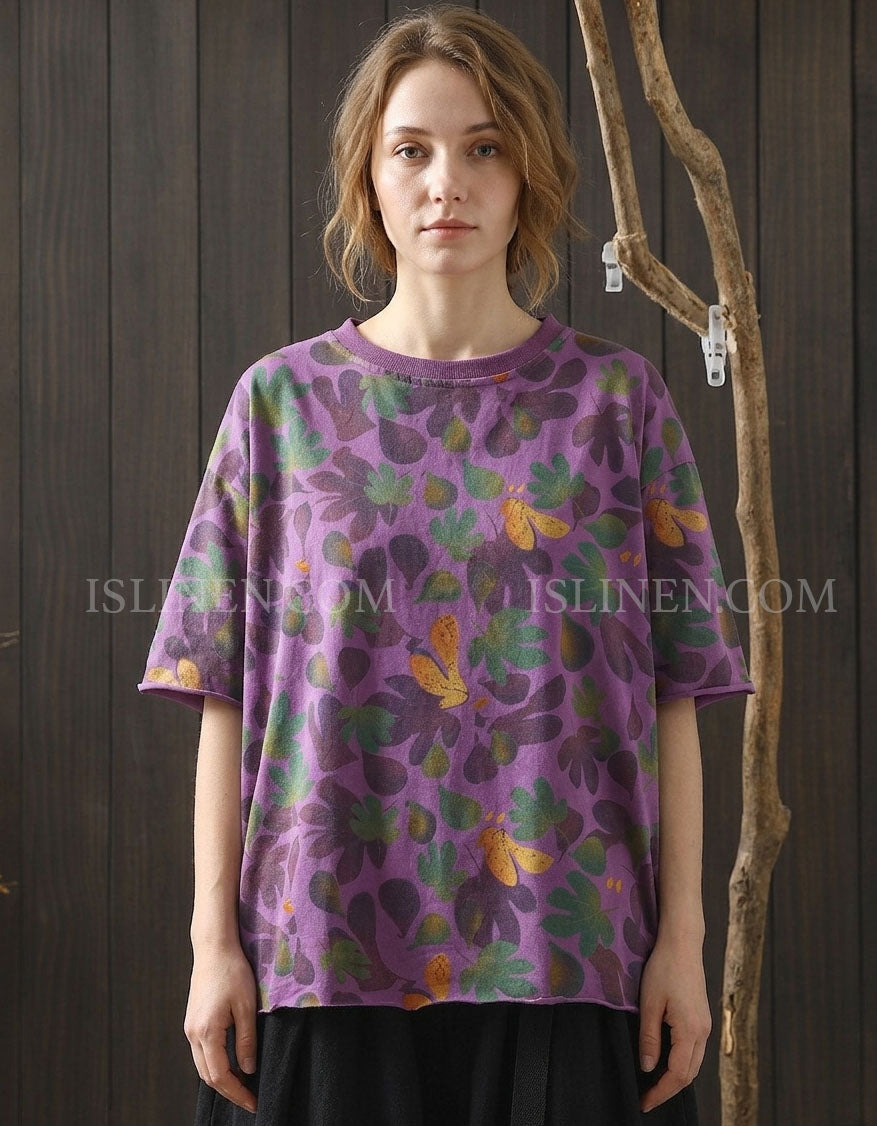 Women’s Loose Fit Purple Floral Cotton Top Summer Tee