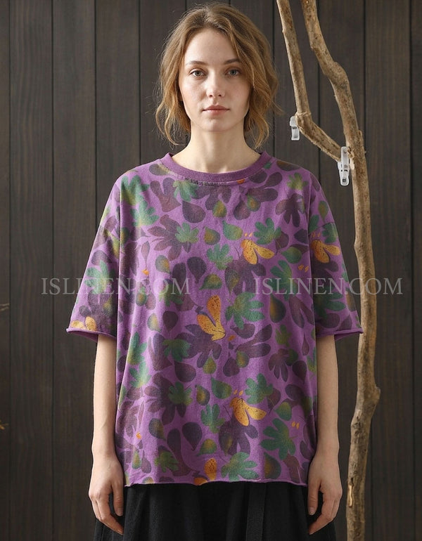Women’s Loose Fit Purple Floral Cotton Top Summer Tee