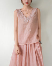 Pink Linen Lace Trim Tank Top Sleeveless Blouse