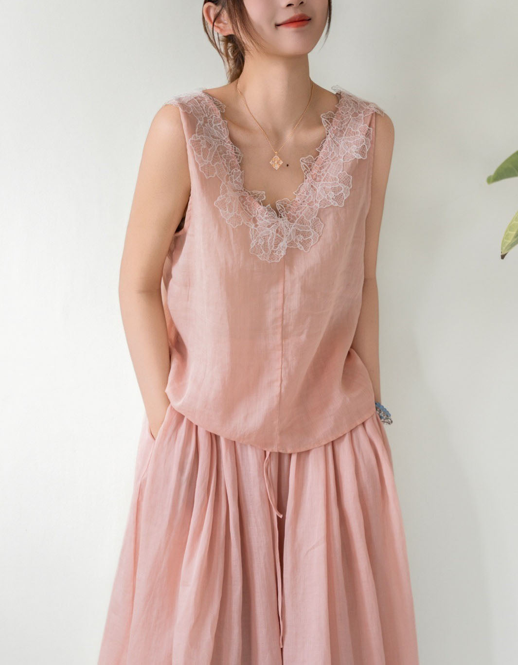 Minimalist Pink Linen Top with Lace Detail Sleeveless
