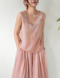 Minimalist Pink Linen Top with Lace Detail Sleeveless