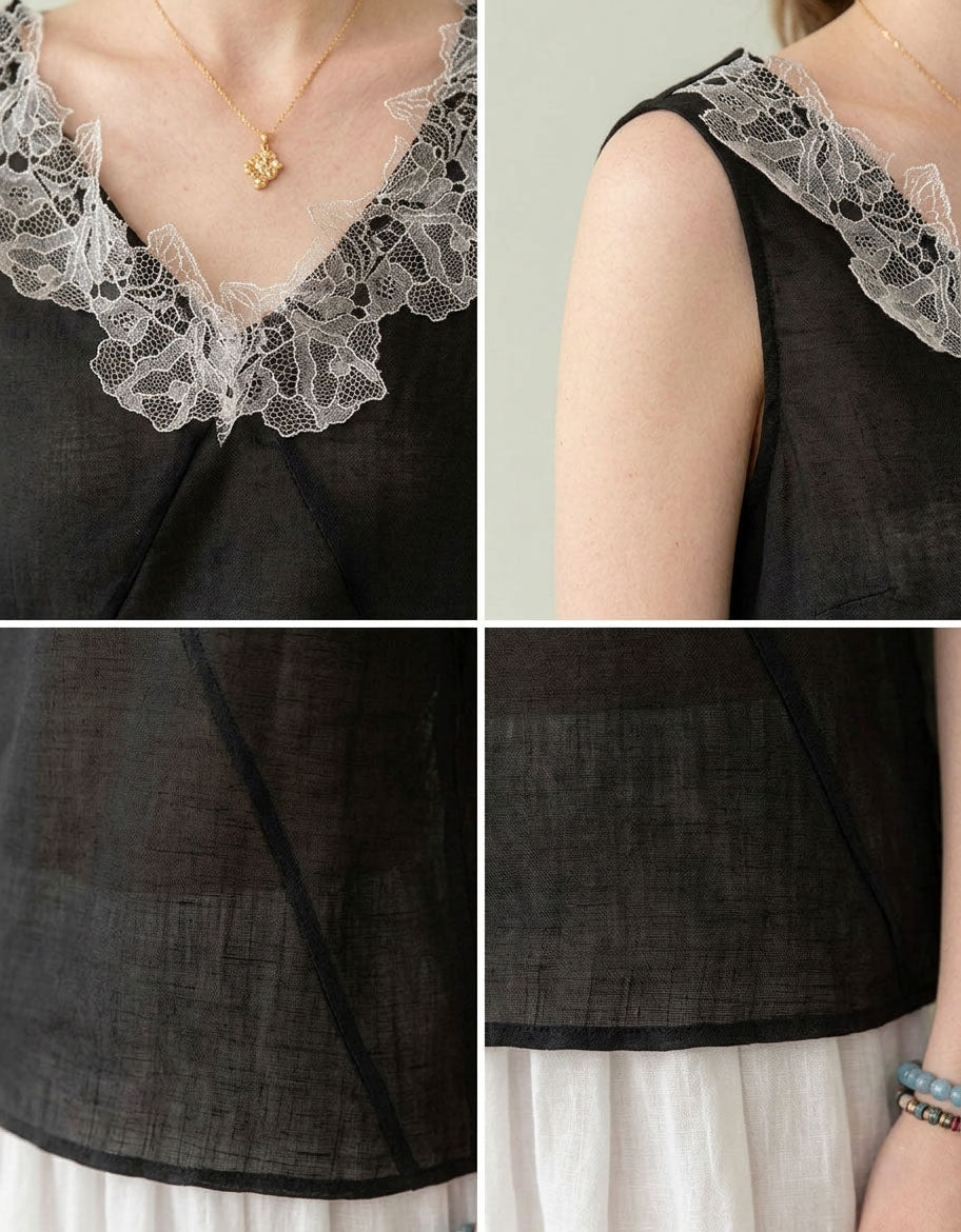 Details of Breathable Linen Tank Top with Elegant Lace Trim