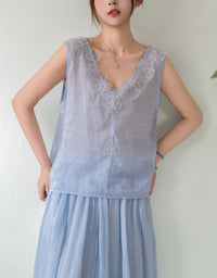Blue Linen Lace Trim Tank Top Sleeveless Blouse