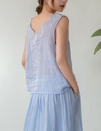 Blue Lightweight Linen Lace Trim Camisole Summer Blouse