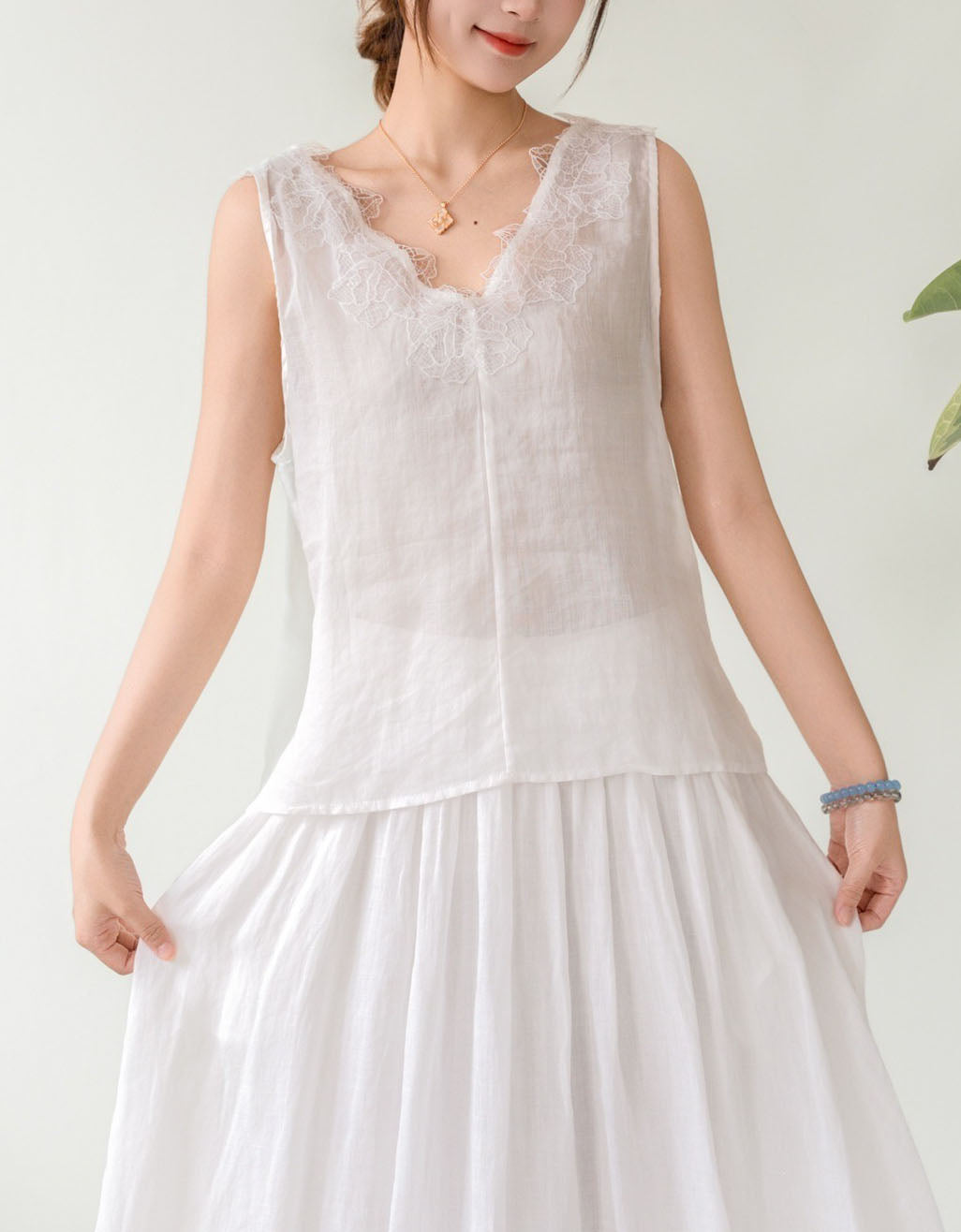 Minimalist White Linen Top with Lace Detail Sleeveless