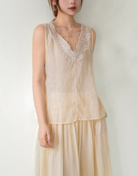 Apricot Color Linen Lace Trim Tank Top Sleeveless Blouse