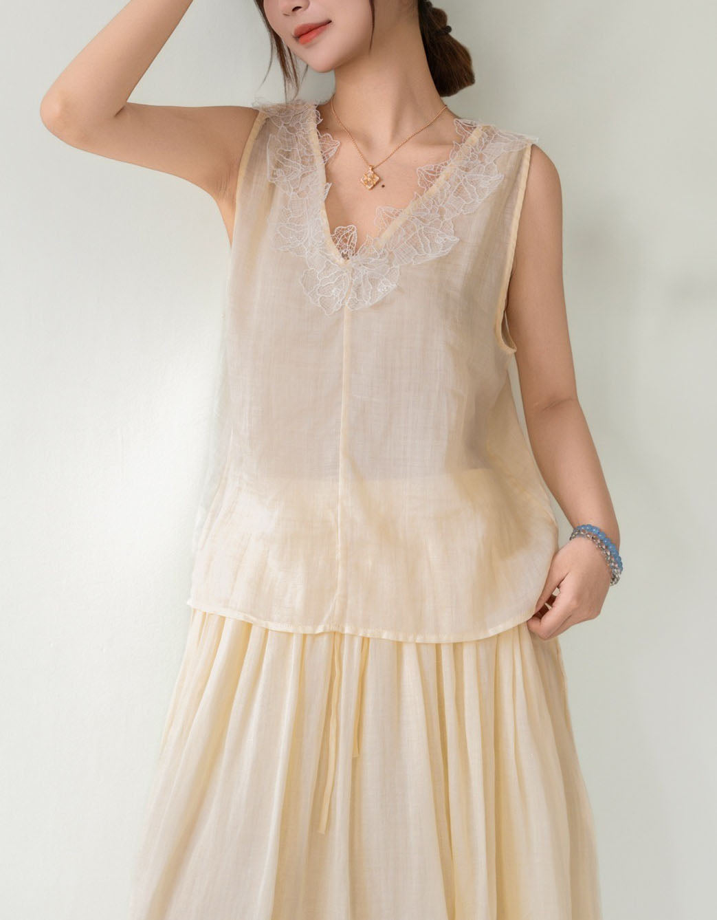 Apricot Lightweight Linen Lace Trim Camisole Summer Blouse