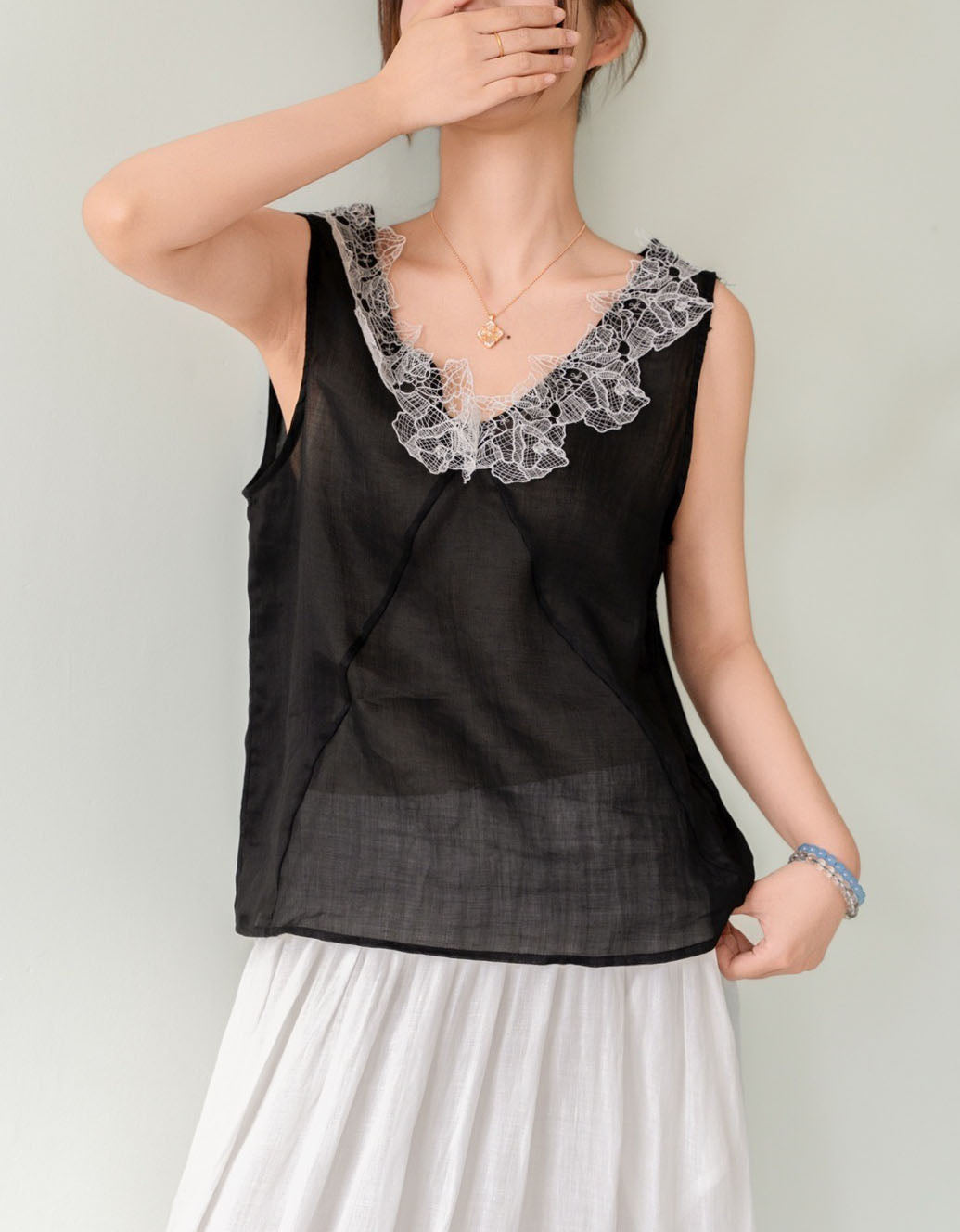 Elegant Lace V-Neck Linen Tank Top for Women