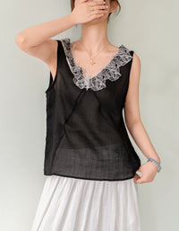 Elegant Lace V-Neck Linen Tank Top for Women