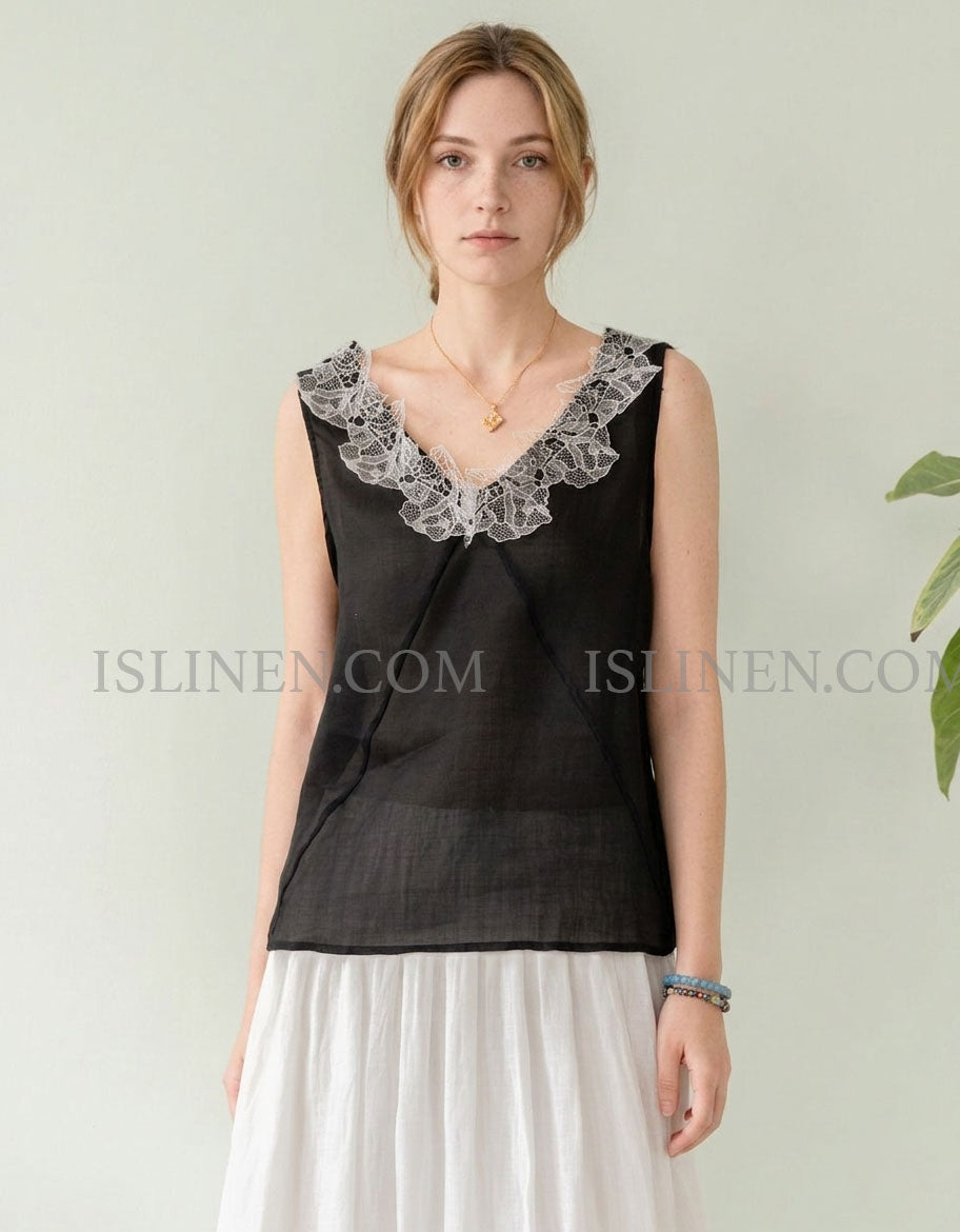 Black Linen Lace Trim Tank Top Sleeveless Blouse