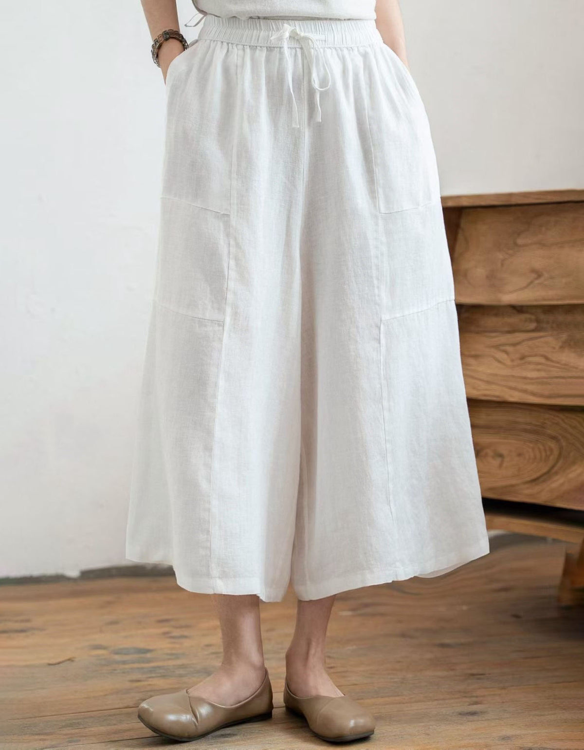 Women Loose Fit Linen Blend Wide Leg Palazzo Pants