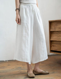 women casual linen wide leg cropped culotte pants
