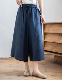 Women Relaxed Fit Linen Culotte Pants with Pockets